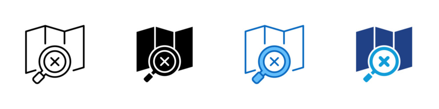 Map Search Restriction Multiple Style Icon Design Vector - Map with magnifier and cross representing location search restriction, navigation disabled, and discovery limitation