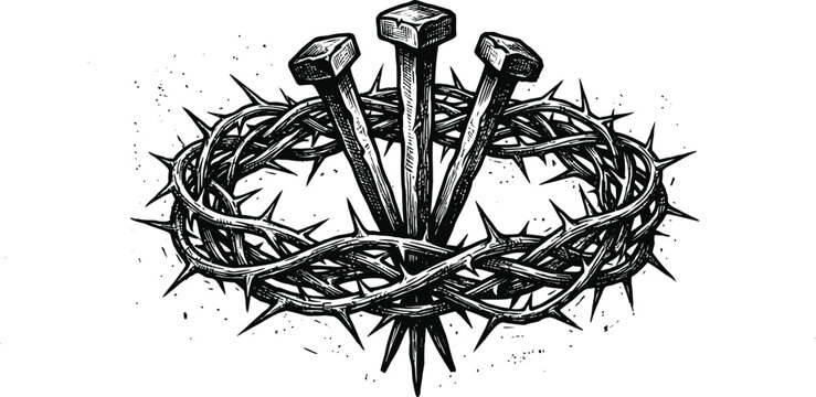 Crown of thorns and three nails vector, crucifixion of Jesus Christ symbol