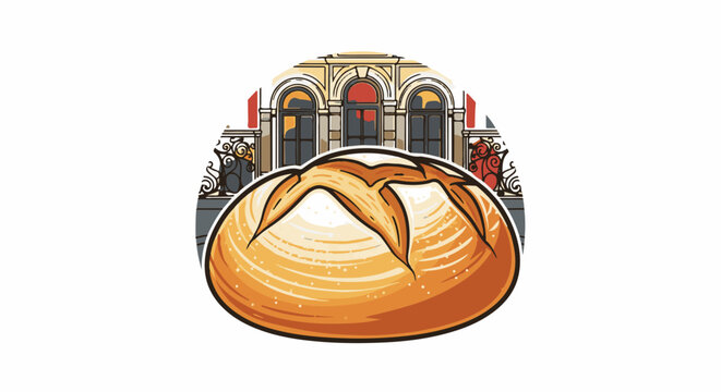 Large, golden-brown loaf of bread in front of a classical building with arched windows