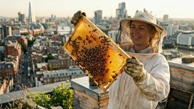 A urban beekeeper in protective veil and gloves inspecting a rooftop hive above a dense cityscape, lifting a frame heavy with honeycomb into afternoon light, bees