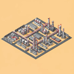 Obraz premium Isometric view of a large industrial complex with multiple towers and pipelines.