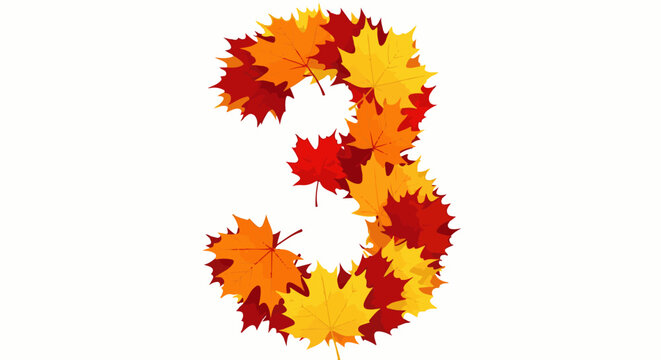 Number three formed by a swirling arrangement of autumn maple leaves