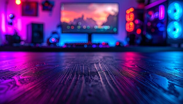 Vibrant Gaming Setup with RGB Lighting and Wooden Surface.