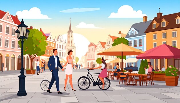 Vibrant city square scene with people and architecture.