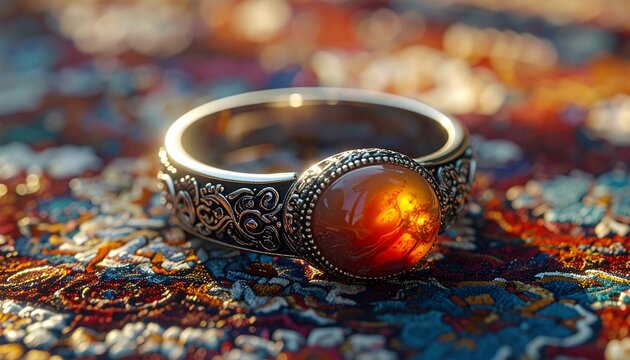 Vintage Silver Ring with Amber Stone on Ornate Fabric.