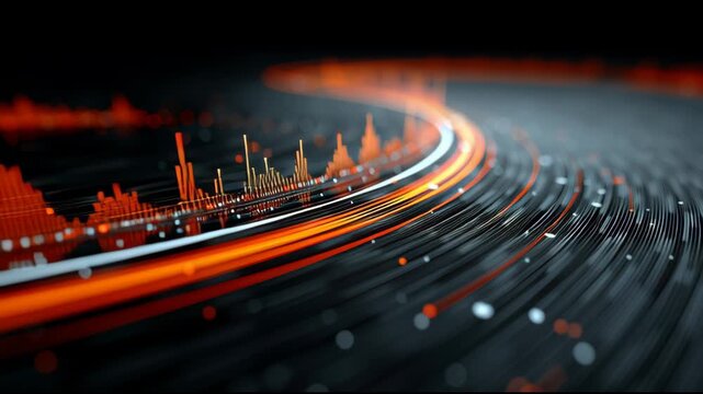 Abstract orange audio waveform equalizer visualizing sound on a dynamic swirling background representing data stream, music pulse, and digital soundwave technology