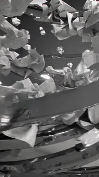 Vertical video: Swirling paper bits orbiting metal rings in gray space, camera pan revealing sheen