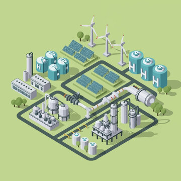 Isometric illustration of a green energy production facility with solar panels and wind turbines.