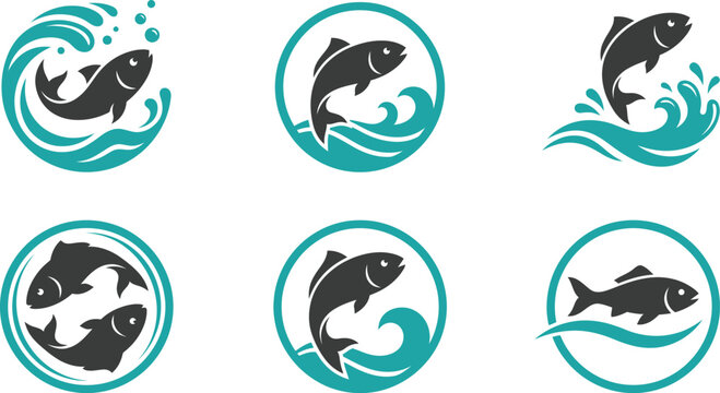 Fish and wave logo set, jumping salmon or trout icons for fishing club