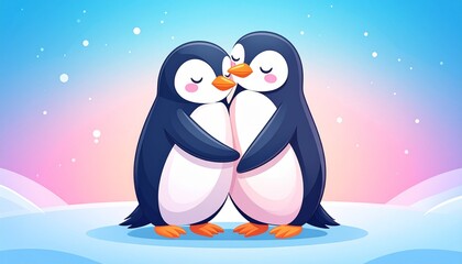 Naklejka premium Cute Penguin Couple Hugging for World Penguin Day, Romantic Penguins Illustration on Soft Pastel Background