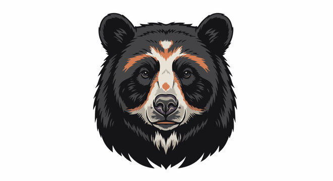 Fierce, dark-furred bear head with distinctive white and orange facial markings