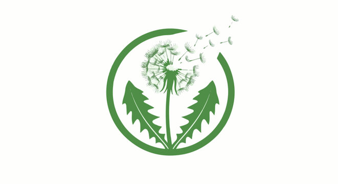 Green circular logo featuring a dandelion releasing seeds into the wind