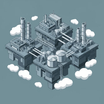 Isometric illustration of a complex industrial oil rig platform with multiple structures and smokestacks floating among clouds.