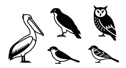 Naklejka premium Diverse Bird Icons Collection Featuring Pelican, Owl, Hawk, and Small Birds