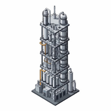 Isometric illustration of an industrial distillation column with multiple trays and pipes.