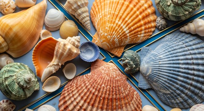 Collection of colorful seashells on a patterned surface; captivating scallop conch and spiral shells creating a vibrant marine still life