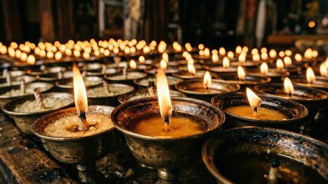 A macro photograph of a traditional Tibetan butter lamp assembly in a monastery, dozens of small brass cups filled with yak butter topped with twisted cotton wicks, some burning