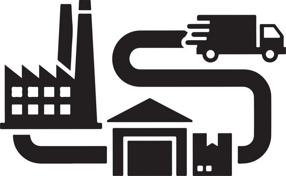Industrial supply chain, logistics icons, factory warehouse delivery, black vector graphics