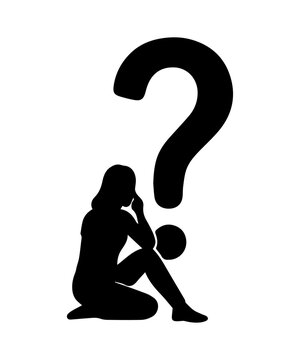 Woman silhouette facing a large question mark, representing thinking and uncertainty
