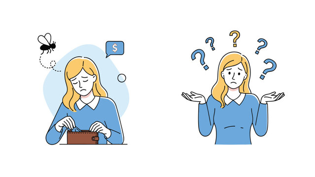 Two panel illustration showing a woman looking sadly at her empty wallet with a fly and then appearing confused with question marks.