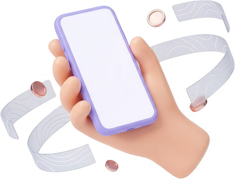 A stylized cartoon hand holds a purple smartphone with a blank white screen surrounded by swirling ribbons and copper coins holding mobile phone technology communication blank screen