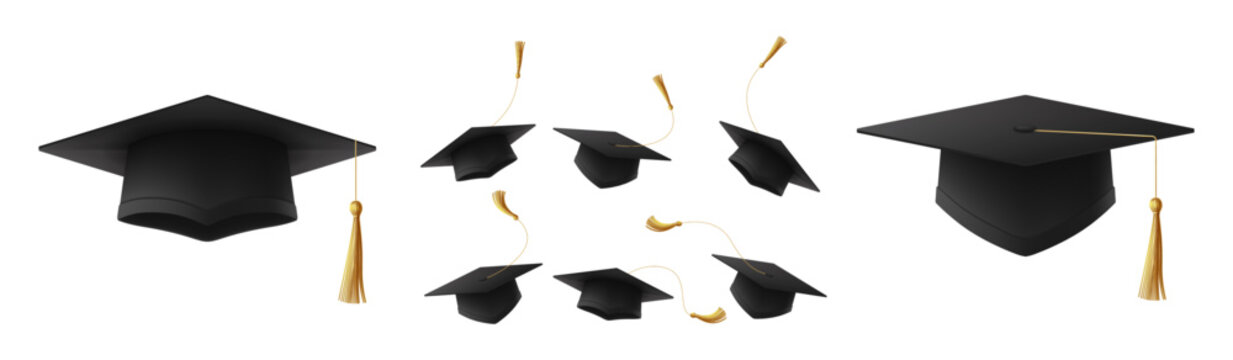 Set of Realistic Graduation Caps or Mortarboards. Vector falling Graduation university or college black caps. 3d element for design of graduation of college, school, university or degree ceremony.