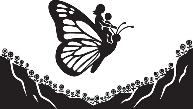 Butterfly riding silhouette mother and child over flowers