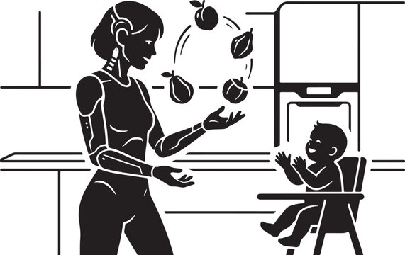 Cyborg mother juggling futuristic fruit for toddler silhouette