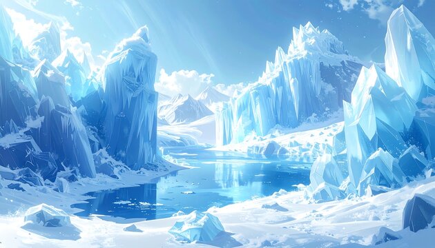 A serene icy landscape with towering glaciers and a calm body of water