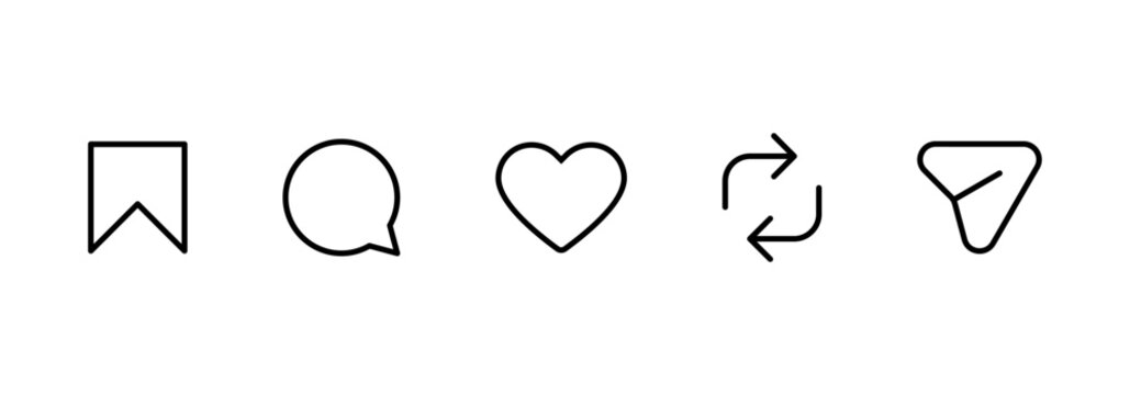 Instagram icons for Social media interaction line icon set with like, comment, save, share and repost symbols in clean outline vector style
