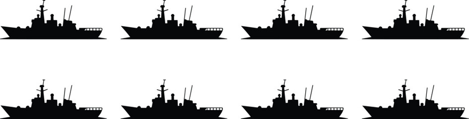Military warship silhouettes, naval fleet formation, destroyer frigate vessels, maritime defense illustration, navy ships pattern, ocean security concept, armed forces © MstGeasmin