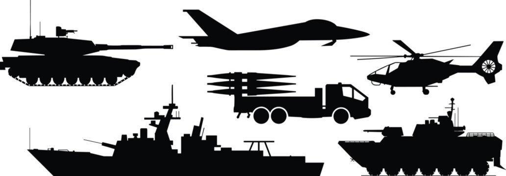 Military vehicles silhouettes, tank illustration, stealth bomber aircraft, combat helicopter silhouette, missile launcher truck, warship silhouette, armored personnel carrier, defense equipment grid