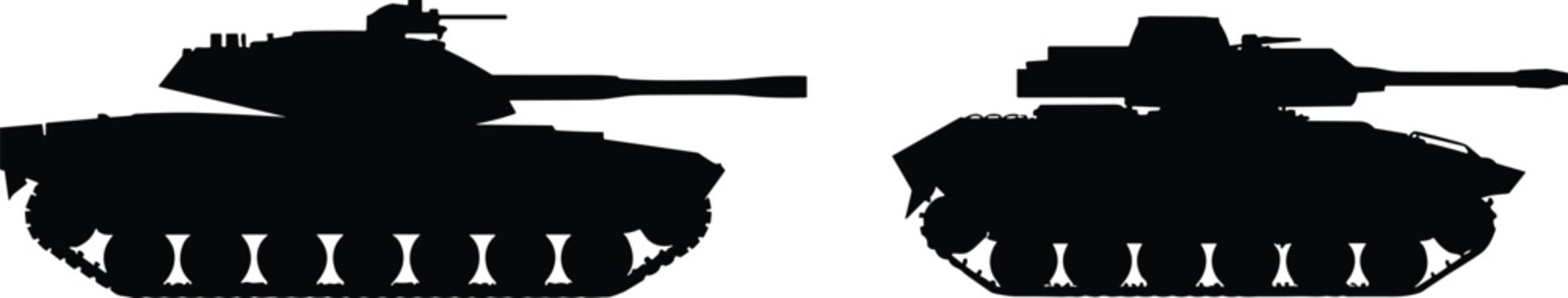 Military tank silhouettes, modern armored vehicles, war machine illustration, defense equipment, combat vehicle design, army warfare concept, battle tank artwork