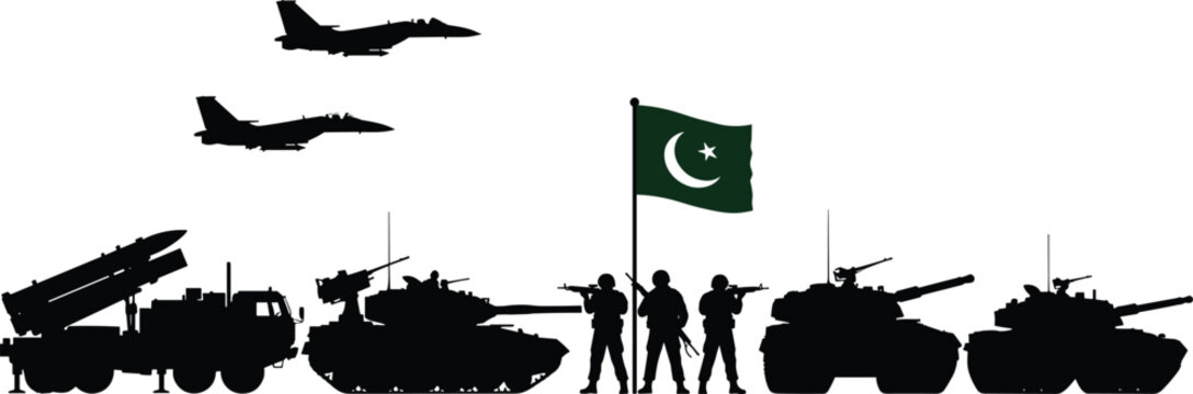 Pakistan military power illustration, fighter jets, tanks, missile launcher, armed soldiers, national flag, defense strength, patriotic concept, armed forces silhouette