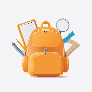 Orange backpack with school supplies isolated on white background