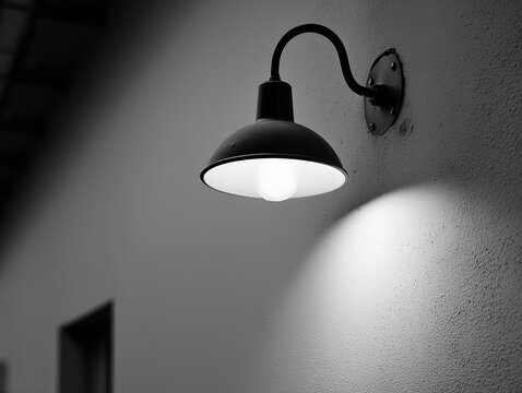 Black vintage wall lamp with glowing bulb in monochrome