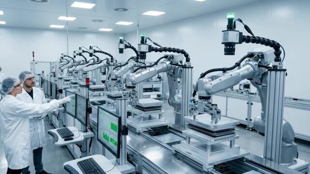 A hydrogen fuel cell production line in a clean factory, rows of membrane electrode assemblies being pressed between bipolar plates by automated arms, quality control