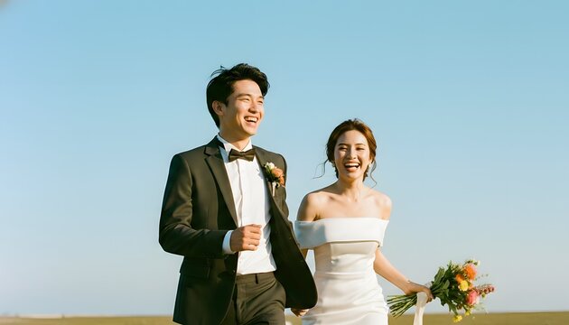 青空の下で花束を抱え微笑む日本人カップルのウェディングフォト	