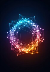 Fototapeta premium Abstract futuristic data network with glowing geometric dots and lines forming a complex connection plexus against a dark science background, grid, energy, virtual