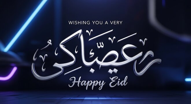 Wishing you a very Happy Eid, a beautiful Arabic calligraphy design illuminated with neon lights