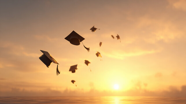 Graduation caps tossed in the air at sunset over the ocean, symbolizing achievement. A group of graduation caps are thrown into the air against a warm sunset sky, representing end of academic journey