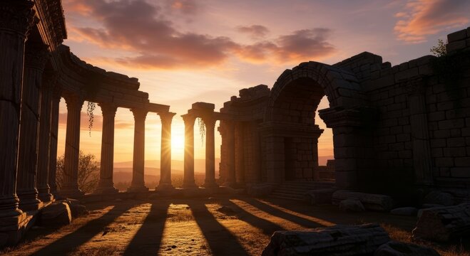 Ancient stone ruins with columns at sunset. Greek temple architecture remains in sunlight. Historical monument and archaeological site for travel, education and cultural heritage background.