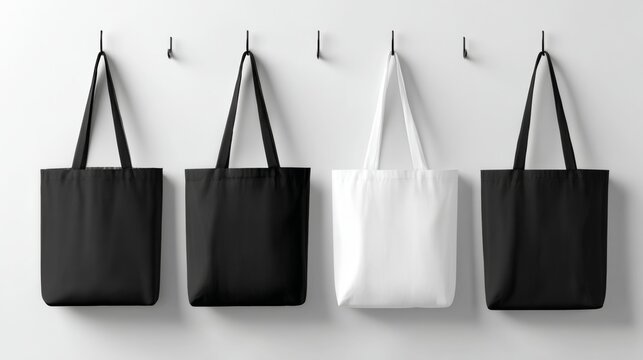 Two blank tote bag mockups: one white, one black, intended for design