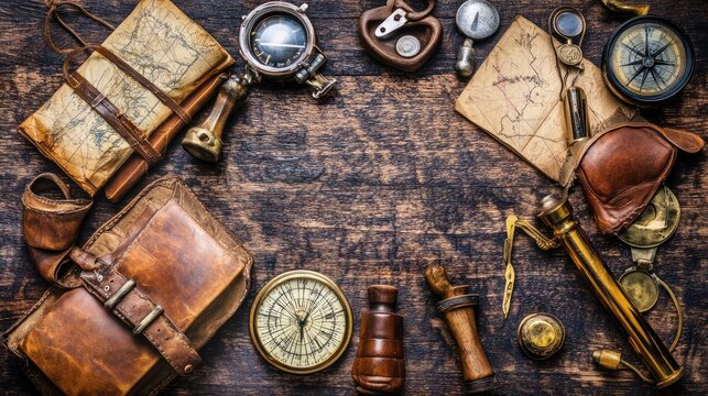 Vintage exploration tools and objects on a wooden surface