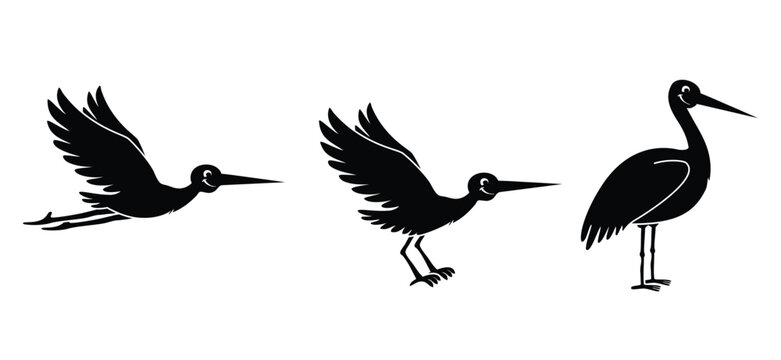 Flying or standing stork for brings a baby. For stork holding a baby basket. Newborn baby girl or boy. cartoon bird. Stork flying in the sky. Stork carrying a baby silhouette. Kids concept.