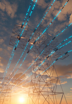High voltage power lines glowing with blue energy against a sunset sky