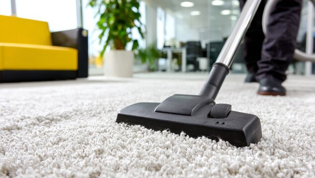 A modern cleaning machine is employed by a person to vacuum the office carpet, while the floor near chairs is cleaned to maintain hygiene, ensuring a professional janitorial service provides a clean