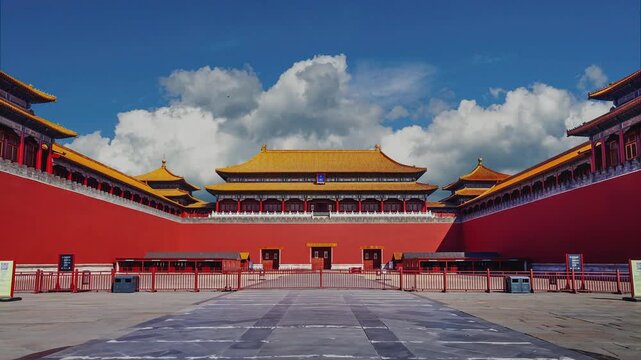 Timelapse video of the Meridian Gate at the Forbidden City, capturing the changing light and bustling atmosphere of this historical landmark in Beijing, China.