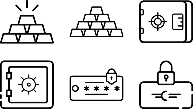 Variety of gold bar, secure storage, and digital protection line icons.