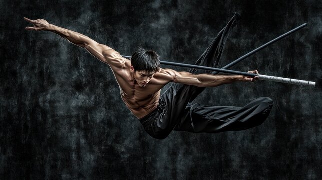 Male martial artist performing a dynamic pose with weapons